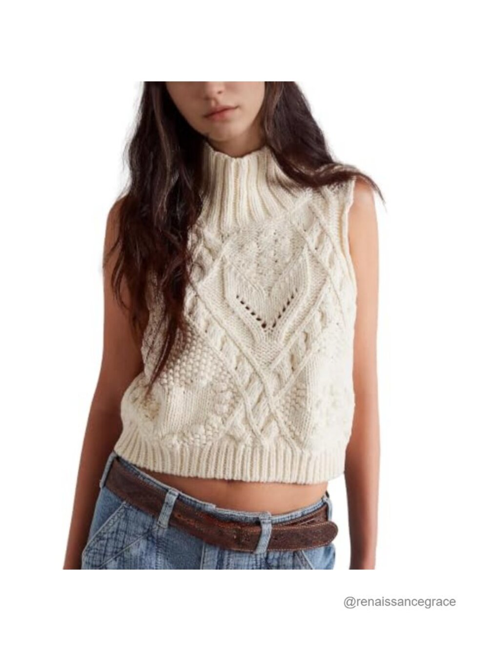 Crochet Sleeveless Turtleneck Knit Sweater Vest Loose Fit Layering Top